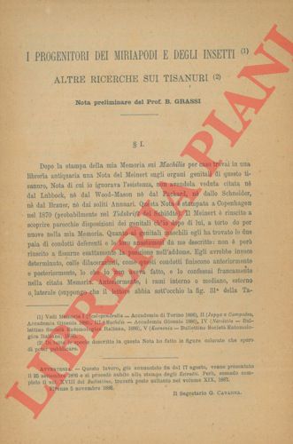 GRASSI B. - - I progenitori dei miriapodi e degli insetti. Altre ricerche sui tisanuri.
