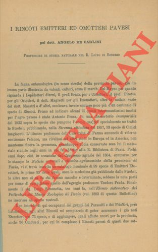 DE CARLINI Angelo - - I rincoti emitteri ed omotteri pavesi.