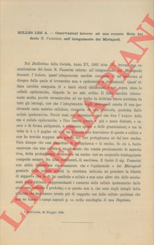 BOLLES LEE A. - - Osservazioni intorno ad una recente nota del socio N. Passerini, sull'integumento dei Miriapodi.