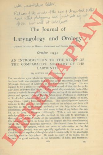 GRAY Oliver - - An introduction to the study of the comparative anatomy of the labyrinth.