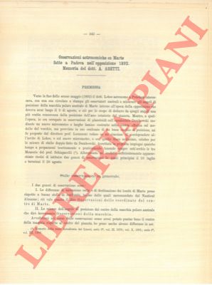 ABETTI A. - - Osservazioni astronomiche su Marte fatte a Padova nell'opposizione 1892.