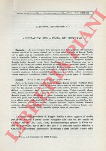 ALESSANDRINI Alessandro - - Annotazioni sulla flora del reggiano.