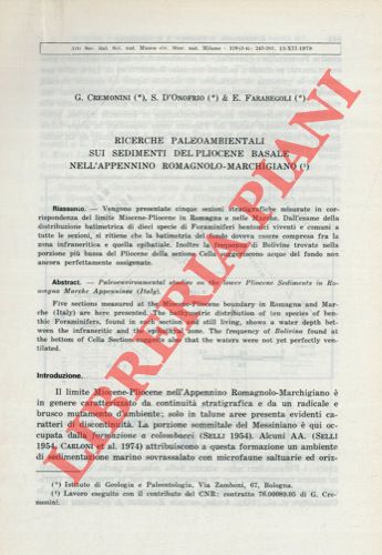 CREMONINI G. - D'ONOFRIO S. - FARABEGOLI E. - - Ricerche paleoambientali sui sedimenti del pliocene basale nell'Appennino Romagnolo-Marchigiano.