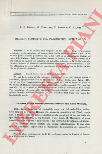 ARCIDIACONO M. - BALDINI L.R. - LONGO U. - RECAMI E. -  - Recenti scoperte sul paleolitico siciliano.