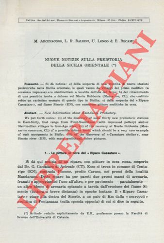 BALDINI L.R. - CASSATARO G. - LONGO U. - RECAMI E. -  - Nuove notizie sulla preistoria della Sicilia orientale.