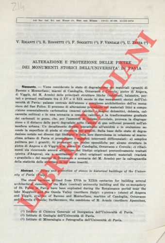 RIGANTI V. - ROSSETTI R. - SOGGETTI F. - VENIALE F. - ZEZZA U. - - Alterazione e protezione delle pietre dei monumenti storici dell'Universit di Pavia.