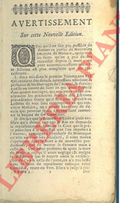 (MOLIERE) - - Table generale des oeuvres de M. de Moliere. Vie de l'auteur.