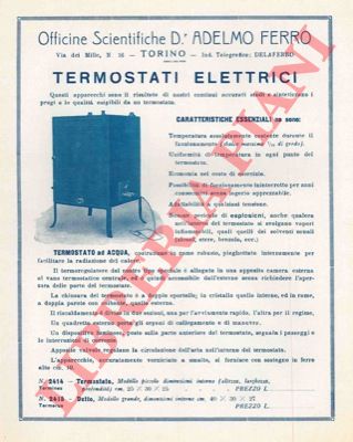 Ferro D.a. Officine Scientifiche. Torino - - Distillatore elettrico per acqua. Termostati elettrici. Sostegno per elettrolisi. Ecc.