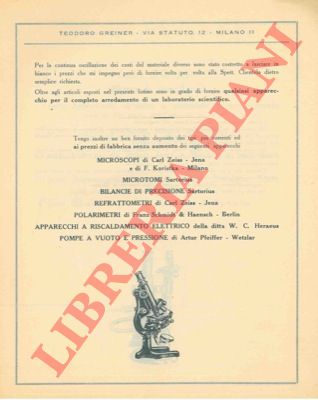 Teodoro Greiner. Milano - - Fabbrica Nazionale di Apparecchi in vetro per chimica fisica ed uso industriale. Catalogo n. 2
