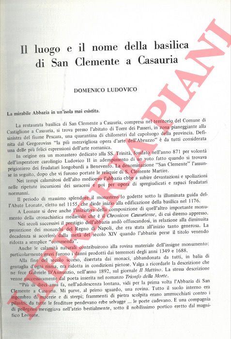 LUDOVICO Domenico - - Il luogo e il nome della Basilica di San Clemente a Casauria.