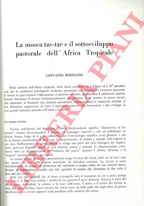 MODUGNO Giovanni - - La mosca tze-tze e il sottosviluppo pastorale nell'Africa tropicale.