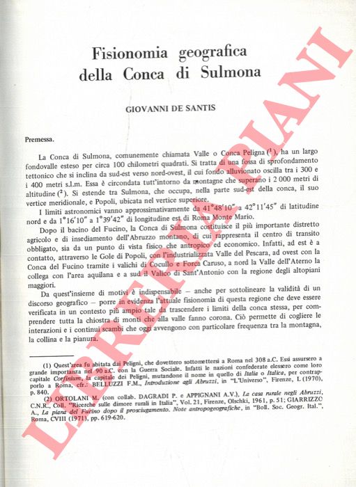 DE SANTIS Giovanni - - Fisiologia geografica della conca di Sulmona.