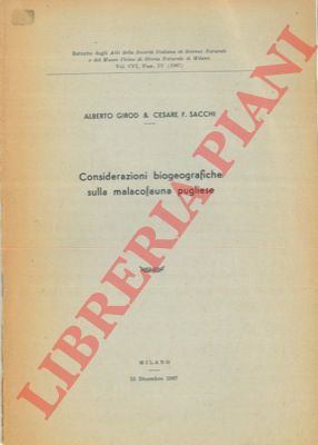 GIROD Alberto - SACCHI Cesare - - Considerazioni biogeografiche sulla malacofauna pugliese.