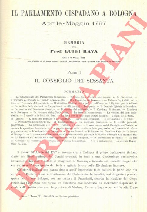 RAVA Luigi - - Il Parlamento Cispadano a Bologna, Aprile - Maggio 1797.