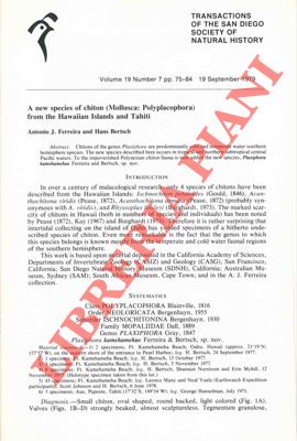 FERREIRA Antonio J. - BERTSCH Hans - - A new species of chiton (Mollusca: Polyplacophora) from the Hawaiian Islands and Tahiti.