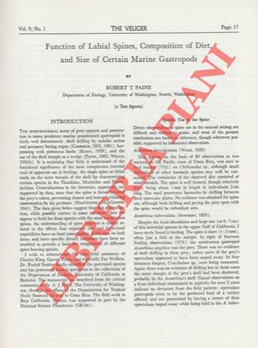 PAINE Robert T. - - Function of labial spines, composition of diet, and size of certain marine gastropods.