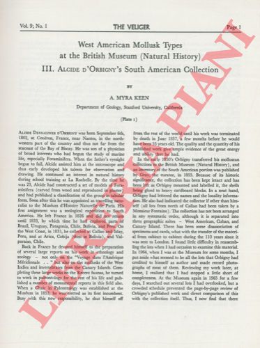 MYRA KEEN A. - - West american mollusk types at the British Museum (Natural History) III. Alcide d'Orbigny's South American collection.