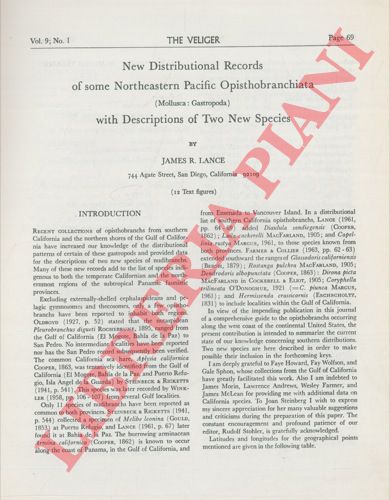 LANCE James R. - - New distributional records of some northeastern Pacific Opistobranchiata with descriptions of two new species.