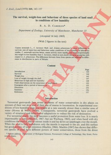 CAMERON R.A.D. - - The survival, weight-loss and behaviour of three species of land snail in conditions of low humidity.