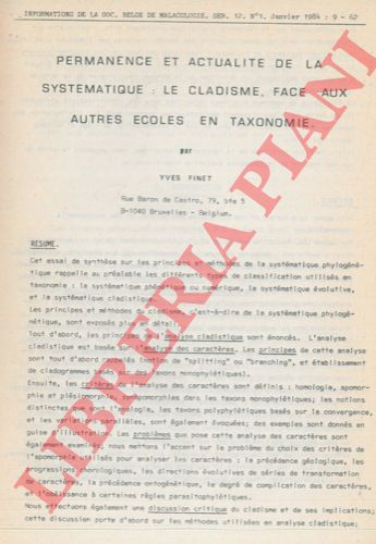FINET Yves - - Permanence et actualit de la systmatique: le cladisme, face aux autres ecoles en taxonomie.