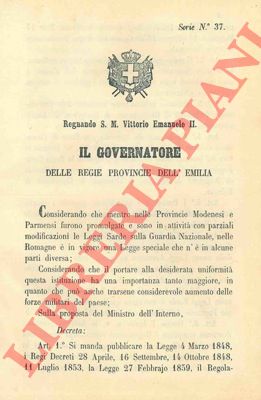 FARINI, CARLO ALBERTO, VITTORIO EMANUELE e CAVOUR - EUGENIO di SAVOIA - - Serie di quindici Decreti Ufficiali di grande rilevanza, ristampati su carta forte.