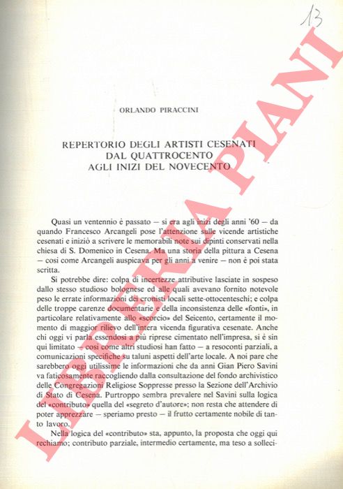 PIRACCINI Orlando - - Repertorio degli artisti cesenati dal Quattrocento agli inizi del Novecento.