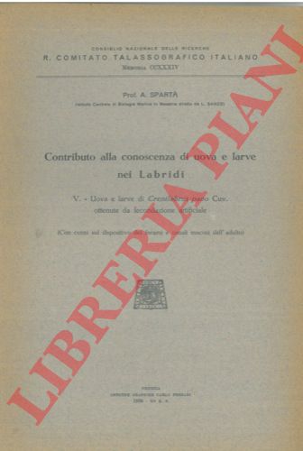 SPARTA' (Antonio) - - Contributo alla conoscenza di uova e larve nei Labridi. 5. Uova e larve di Crenilabrus pavo Cuv. ottenute da fecondazione artificiale.