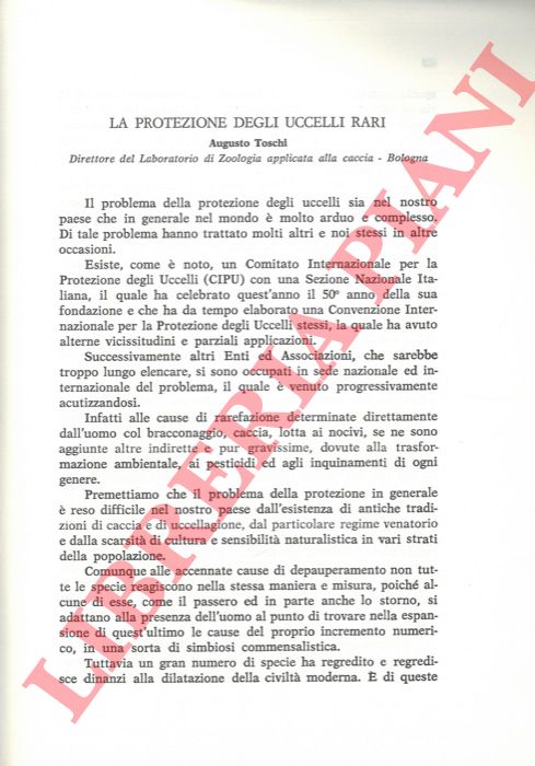 TOSCHI Augusto - - La protezione degli uccelli rari.