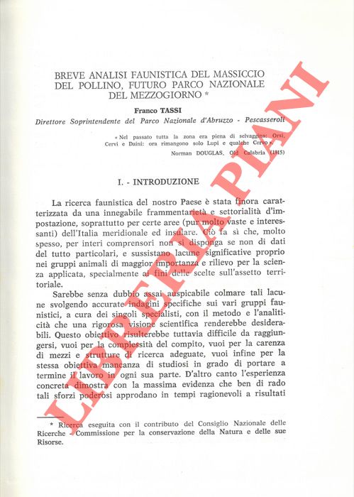 TASSI Franco - - Breve analisi faunistica del Massiccio del Pollino, futuro parco nazionale del Mezzogiorno.