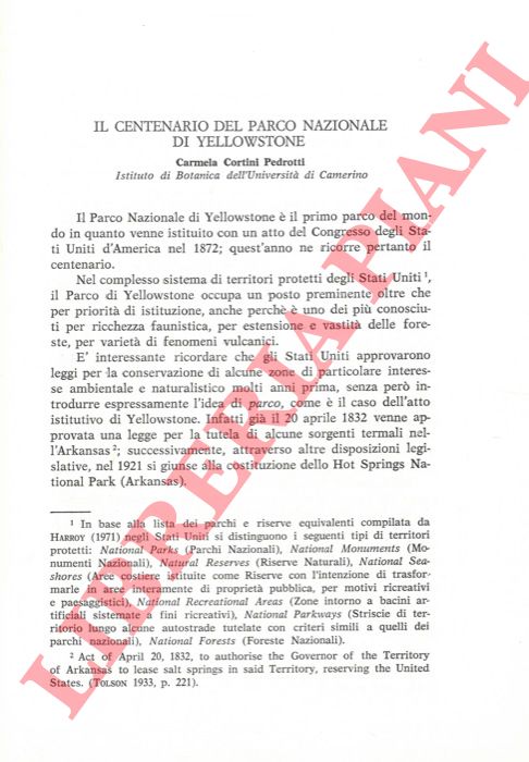 CORTINI PEDROTTI Carmela - - Il centenario del Parco Nazionale di Yellowstone.