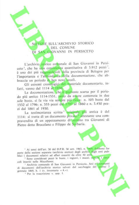 FRANCHI Gianfranco - - Notizie sull'archivio storico del comune di San Giovanni in Persiceto.
