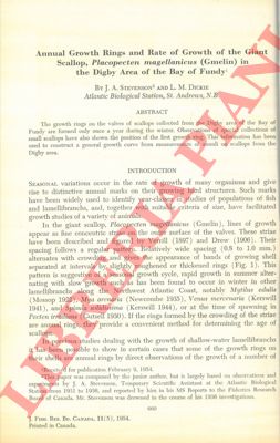 STEVENSON J. A. - DICKIE L. M. - - Annual growth rings and rate of growth of the Giant Scallop, Placopecten magellanicus (Gmelin) in the Digby Area of the Bay of Fundy.