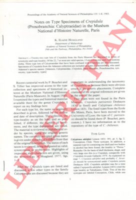 HOAGLAND Elaine K. - - Notes on type speciments of Crepidula (Prosobranchia : Calyptraeidae) in the Museum National d'Histoire Naturelle, Paris.