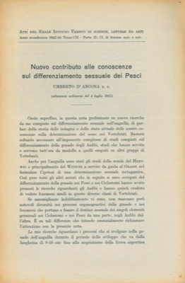 D'ANCONA Umberto - - Nuovo contributo alle conoscenze sul differenziamento sessuale dei Pesci.
