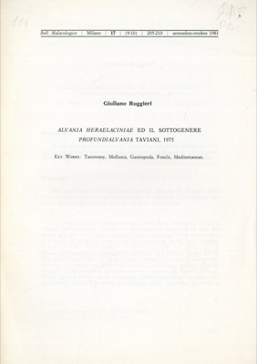 RUGGIERI Giuliano - - Alvania heraelaciniae ed il sottogenere Profundialvania taviani, 1975.