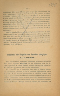 TEMPERE J. - - Infusoires cilio - flagells des Rcoltes plagiques.