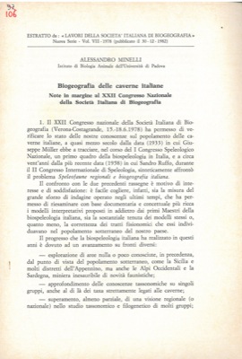 MINELLI Alessandro - - Biogeografia delle caverne italiane. Note in margine al XXII Congresso Nazionale della Societ Italiana di Biogeografia.