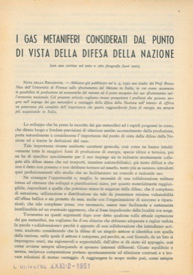STELLINGWERFF Giuseppe - - I gas metaniferi considerati dal punto di vista della difesa della Nazione.