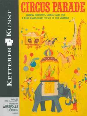 - - Circus parade. Clowns, elephants, animal cages and a band wagon ready to set up and assemble. Asta.