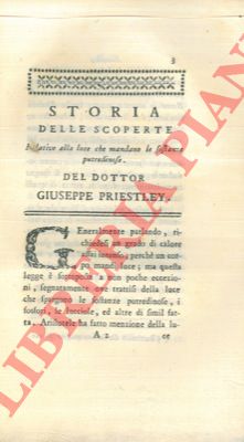 PRIESTELY Giuseppe - - Storia delle scoperte relative alla luce che mandano le sostanze putredinose.