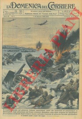 BELTRAME A. - - Colonne motorizzate russe che tentavano di attraversare un lago ghiacciato sul fronte orientale finlandese, sono dtate sorprese da squadriglie di aeroplani, dai quali venivano lanciate delle bombe che hanno infranto i lastroni di ghiaccio facendo sprofondare il nemico.