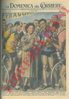 MOLINO W. - - A Rimini dopo l'arrivo della tappa, i campioni (Bartali, Coppi, Magni), festeggiano Rosina Bazzoni vincitrice al totocalcio.