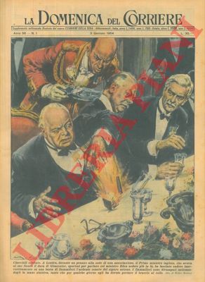 MOLINO W. - - Churchill durante un pranzo lascia cadere inavvertitamente cenere del suo sigaro su busta di fiammiferi, che incendiatasi, ustionano la mano sinistra del Ministro.