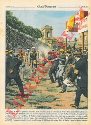 BELTRAME A. - - Ripetizione di una tavola di Beltrame del 1909 : l'arrivo del vincitore del 1 Giro d'Italia, Ganna, all'Arena di Milano.
