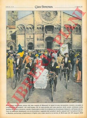 BELTRAME A. - - Ripetizione di una tavola di Beltrame del 1900 : a Modena, battesimo in bicicletta.
