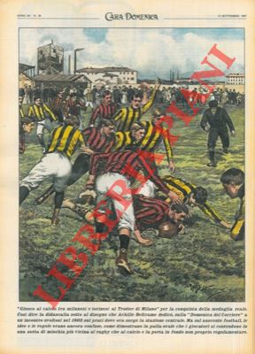 BELTRAME A. - - Ripetizione di una tavola di Beltrame del 1902 con una partita di calcio (o rugby) al Trotter di Milano.