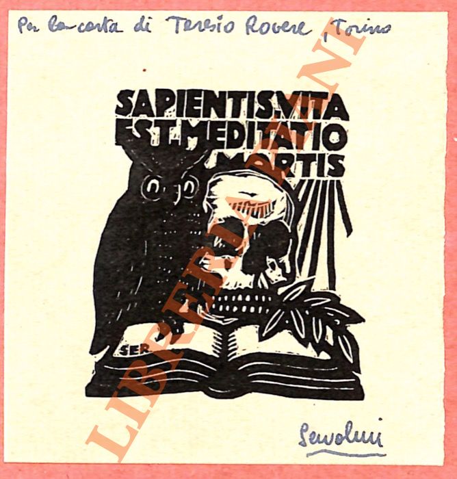 SERVOLINI Luigi - - Ex libris senza nome: teschio, gufo, libro.