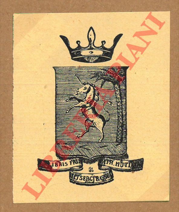 BASSOLI F.S - - Ex libris nobiliare con unicorno, palma e corona.