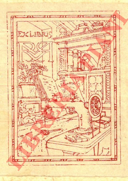 BELTRAMI Luca - - Ex libris con monogramma RMR, macchina da cucire, libreria.
