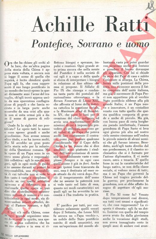 NEGRO Silvio - - Achille Ratti Pontefice, Sovrano e uomo.